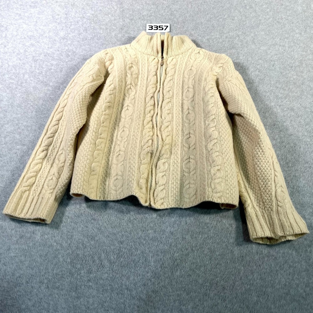 Inis Crafts Full Zip Cardigan Womens L Cream Good Merino Wool Aran Cable Knit